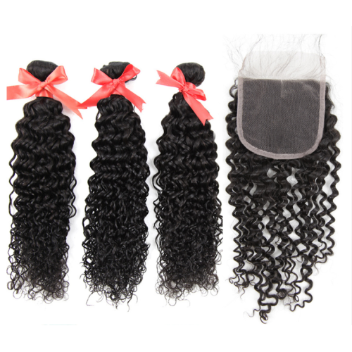 Bohemian Curly Bundles With 4*4 Lace Closure Brazilian Hair Weave Bundles Remy Human Hair 3 Bundles Natural Black 8-28 inch